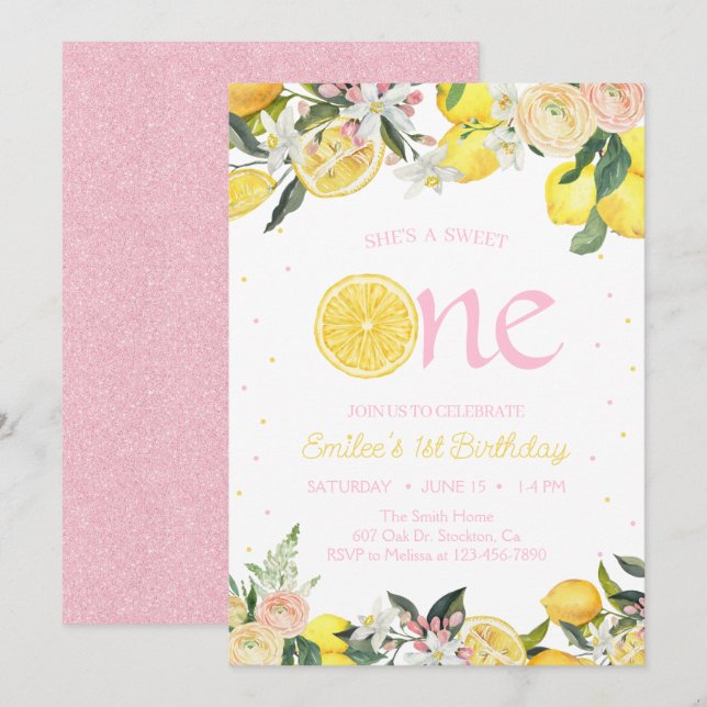 Convites Limonada Rosa Floral Primeiro Aniversário Sol (Frente/Verso)
