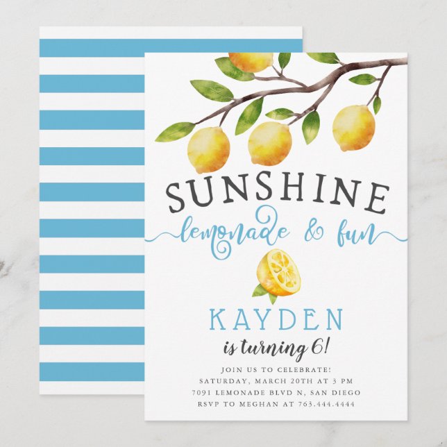 Convites Limonada Sunshine e Festa de aniversário do Rapaz  (Frente/Verso)