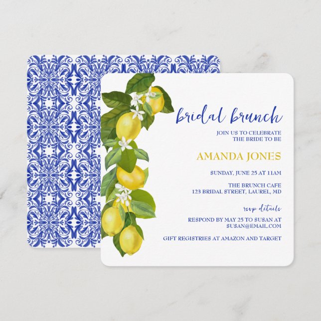 Convites Limone I Italiano Lemon & Blue Azulejo Chá Invite (Frente/Verso)