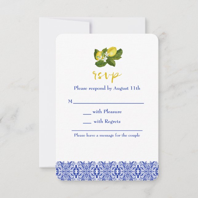 Convites Limone I Italiano Lemon & Blue Azulejo RSVP Card (Frente)