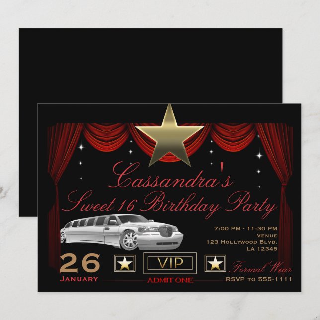 Convites Limousine Preta Vermelha com Estrela Dourada Festa (Frente/Verso)