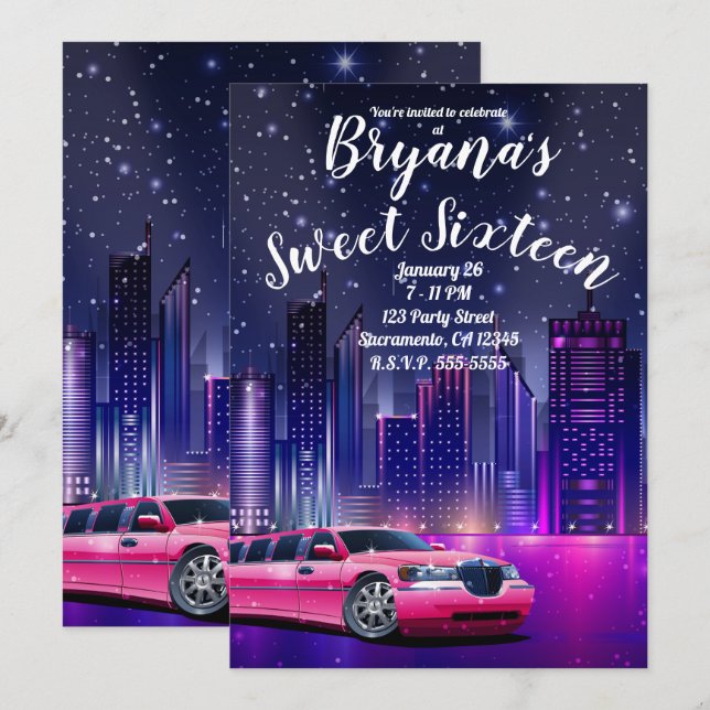 Convites Limousine Rosa Limo Cidade Doce 16 Aniversário Fot (Frente/Verso)