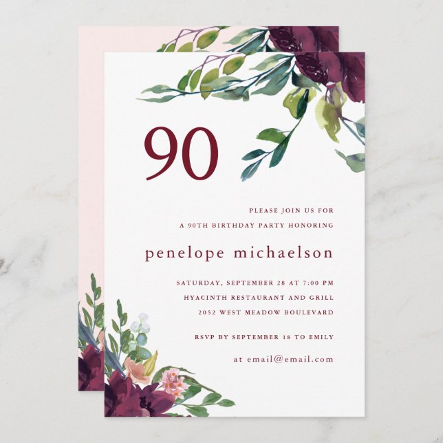 Convites Linda Aquarela 90 Floral Aniversário (Frente/Verso)