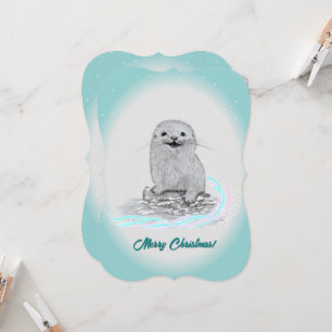 Convites Linda Bebê de Lontra Marinha Branca, Feliz Natal