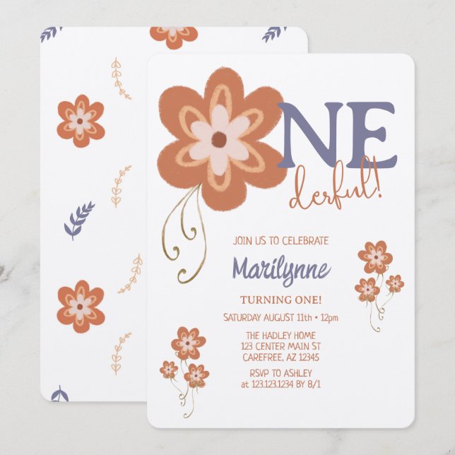 Convites Linda Boho Daisy Primeiro Aniversário Maravilhoso (Frente/Verso)