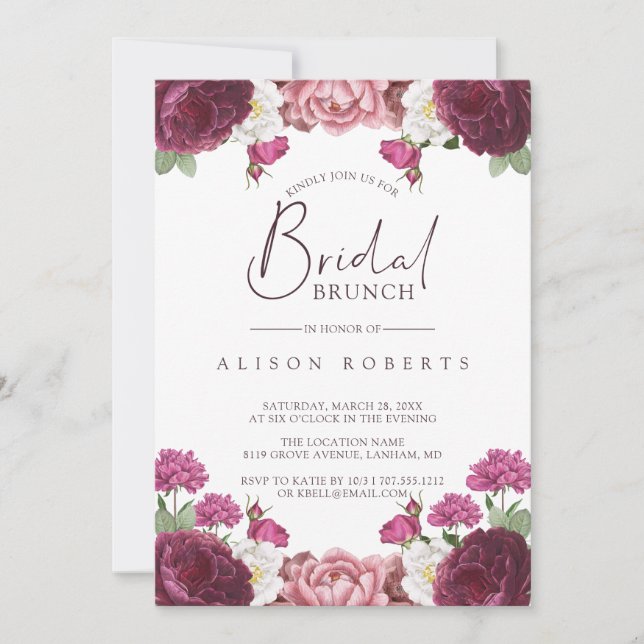 Convites Linda Brurgundia Floral Bridesmaids Brunch (Frente)