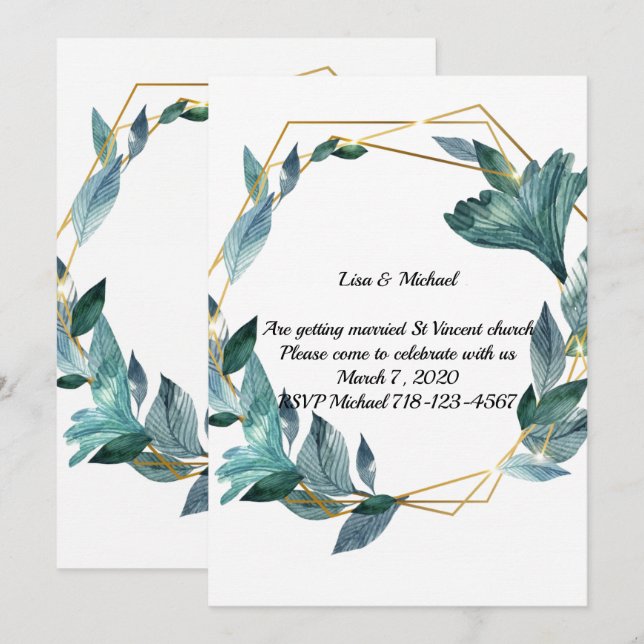 Convites Linda Casamento de Folhas Enquadradas por Aquarela (Frente/Verso)