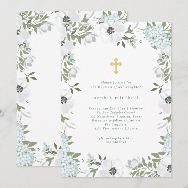 Convites Linda Cinza e White Floral | Batismo (Frente/Verso)