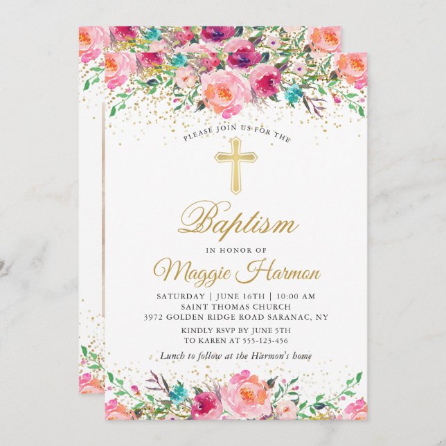 Convites Linda Dourada Rosa Foto do Batismo de Menina Flora (Frente/Verso)