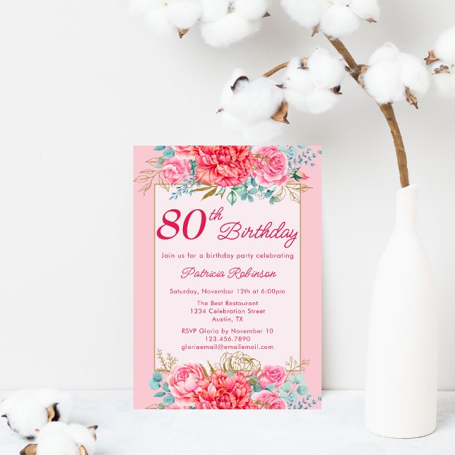 Convites Linda Festa de Aniversário de 80 Anos com Flores C (Criador carregado)