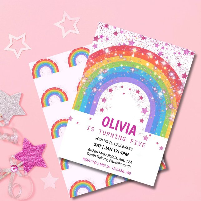 Convites Linda Festa de Estrelas Brilhantes com Glitter Arc (RAINBOW GLITTER SPARKLE STARS BIRTHDAY INVITATION FOR GIRLS)