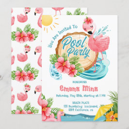 Convites linda festa na piscina com flamingo rosa em aquare
