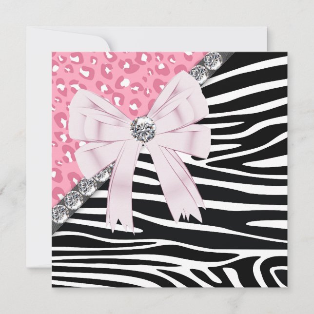 Convites Linda Festa Sweet 16 Zebra e Leopardo Rosa (Frente)