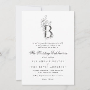 Convites Linda Floral 'B' Monograma Desenhado Casamento