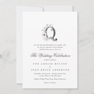 Convites Linda Floral 'Q' Monograma Desenhado Casamento