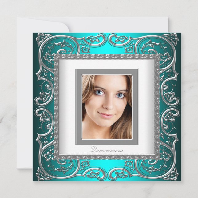 Convites Linda Foto Azul Turquesa Quinceanera (Frente)