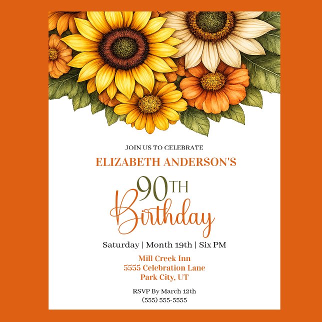Convites Linda Girassol Aniversário de 90 Anos (Pretty Sunflower 90th Birthday Invitation For Women.)