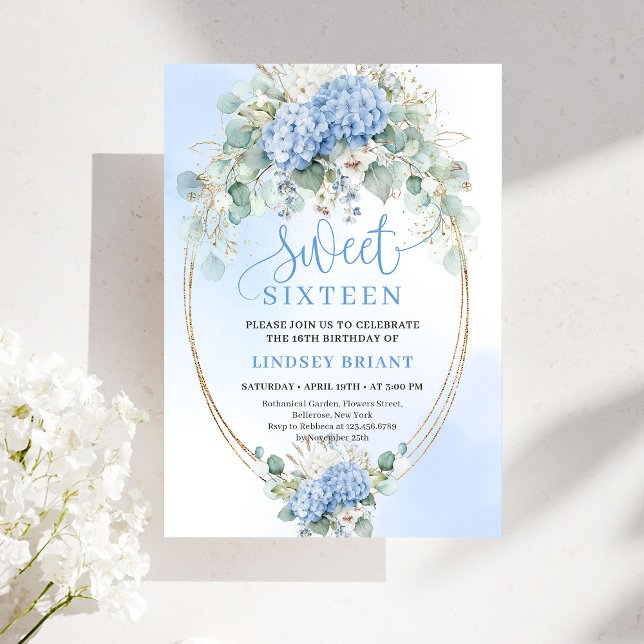 Convites Linda Hortênsia Azul Eucalipto Sweet Sixteen  (Pretty Blue Hydrangea Eucalyptus Sweet Sixteen Invitation)