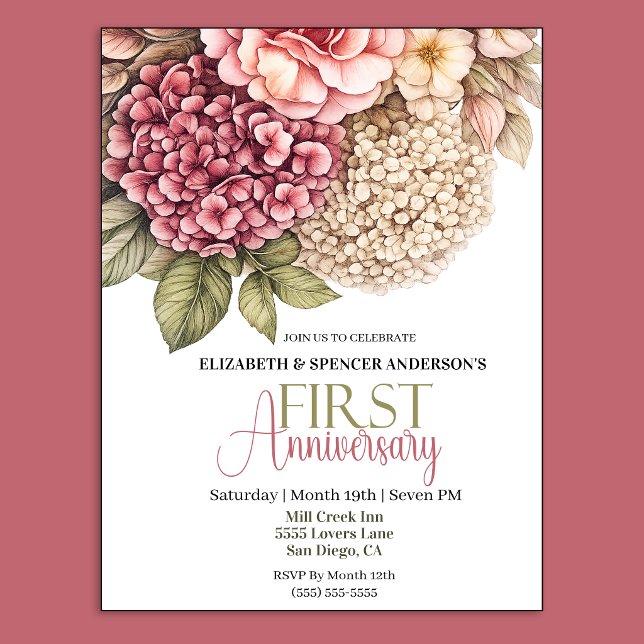 Convites Linda Hortênsia Rosa 1º Aniversário  (Pretty Hydrangea and Rose 1st Wedding Anniversary Party Invitation.)