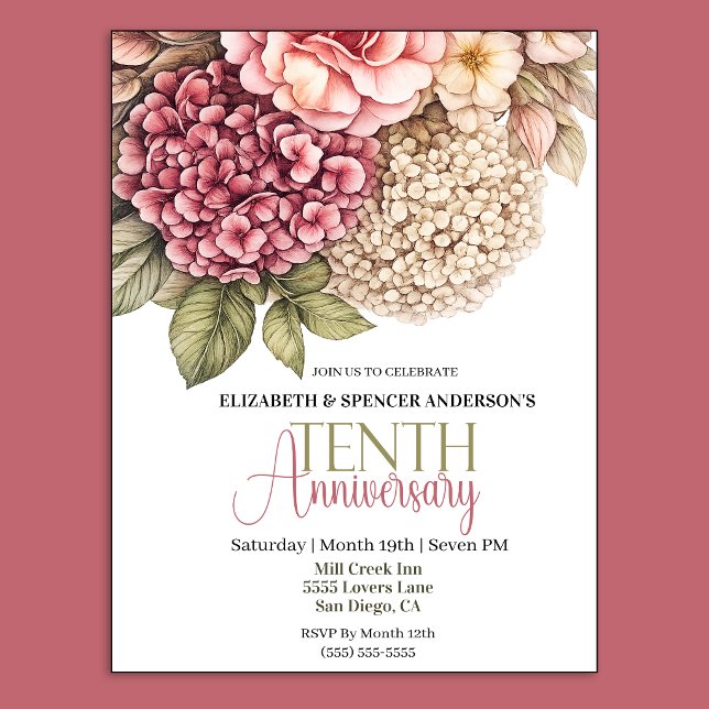 Convites Linda Hortênsia Rosa 10º Aniversário  (Pretty Hydrangea and Rose 10th Wedding Anniversary Party Invitation.)