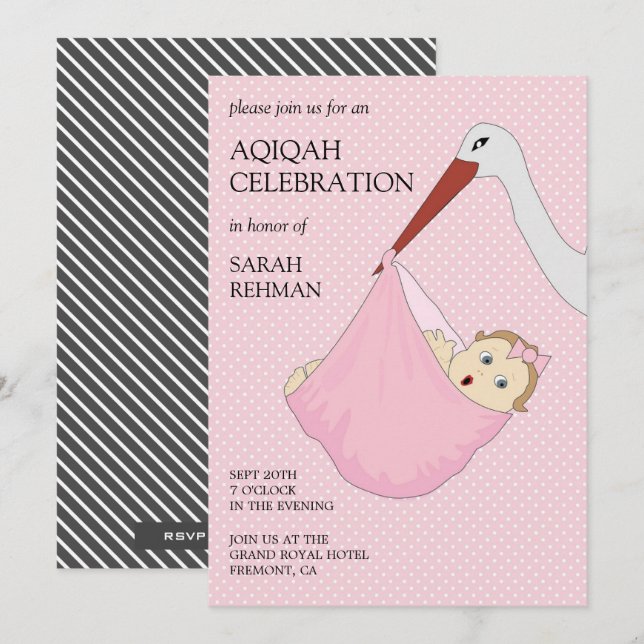 Convites Linda Menina Bebê Rosa Aqiqah (Frente/Verso)