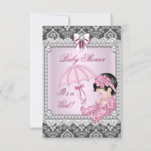Convites Linda Menina Cinza Rosa Chuveiro de Bebê Damask