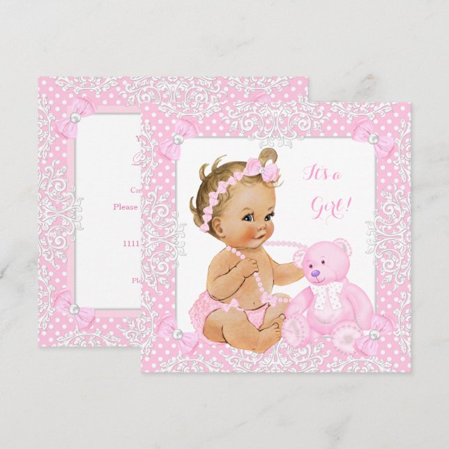 Convites Linda Menina de Chuveirinho Bebê Renda Urso Rosa B (Frente/Verso)