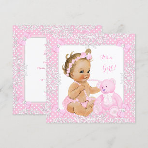 Convites Linda Menina de Chuveirinho Bebê Renda Urso Rosa B