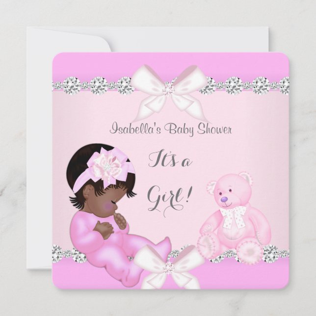 Convites Linda Menina de Chuveirinho Rosa Urso de Brinquedo (Frente)
