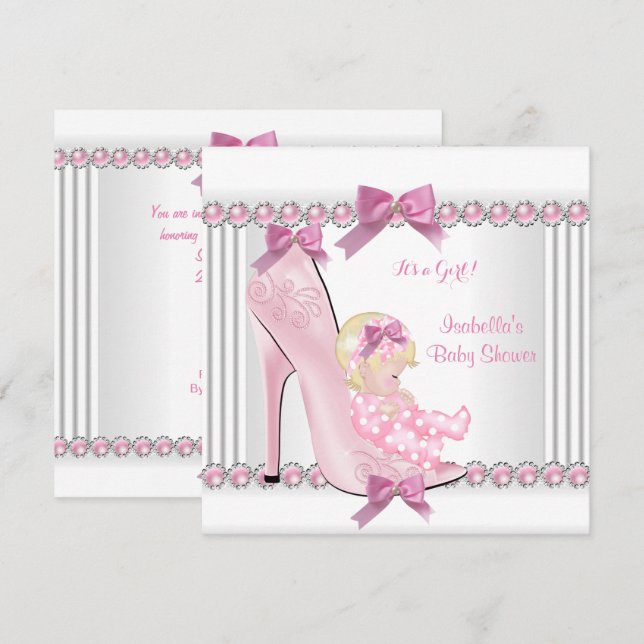 Convites Linda Menina de Chuveiro de Bebê Rosa Bolinhas Sal (Frente/Verso)