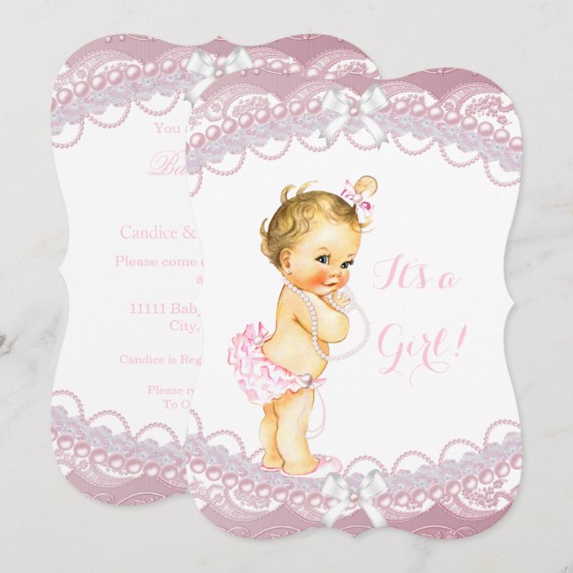 Convites Linda Menina de Chuveiro de Bebê Rosa Pérolas Rend (Frente/Verso)
