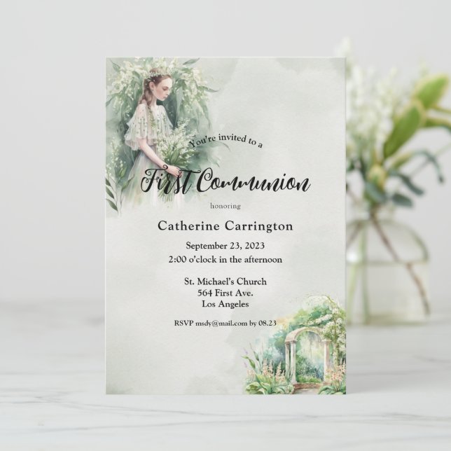 Convites Linda Menina Floral Primeira Comunhão (Em pé/Frente)