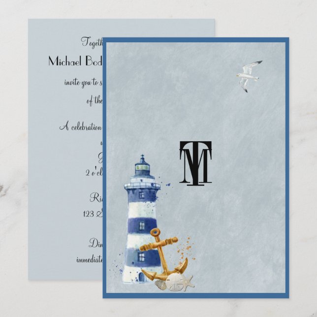 Convites Linda Náutica, Farol, Âncora, Personalizada (Frente/Verso)