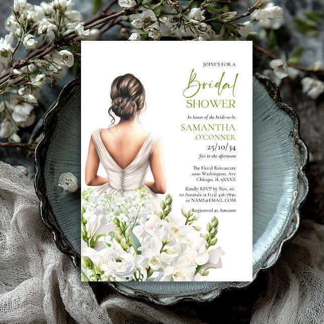 Convites Linda noiva com flores brancas buquês (Beautiful bride with lavish bouquet white flowers invitation)