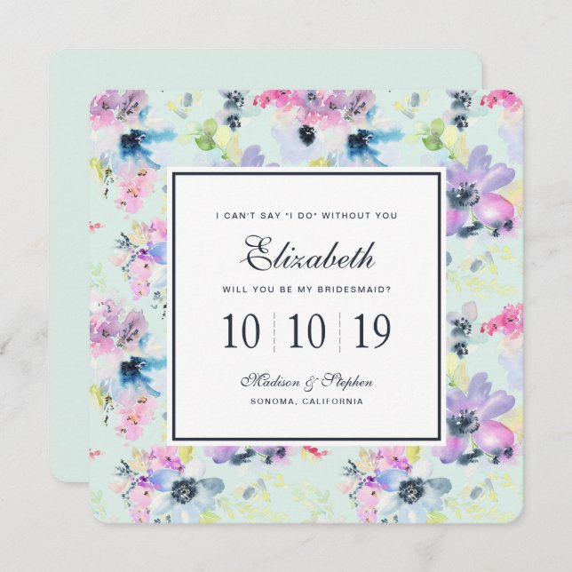 Convites Linda Pastel Floral Watercolor - Bridesmaid (Frente/Verso)