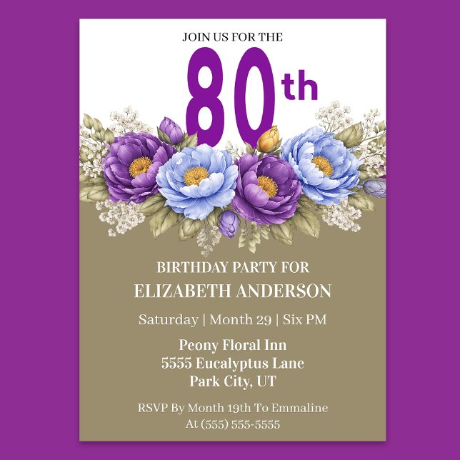 Convites Linda Peônia Azul e Roxa de 80 Anos de Idade (Elegant 80th birthday invitation with purple and blue peony flowers)