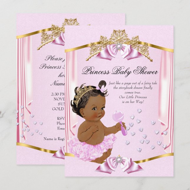 Convites Linda Princesa Chás de Bebê Rosa Dourado Étnico (Frente/Verso)