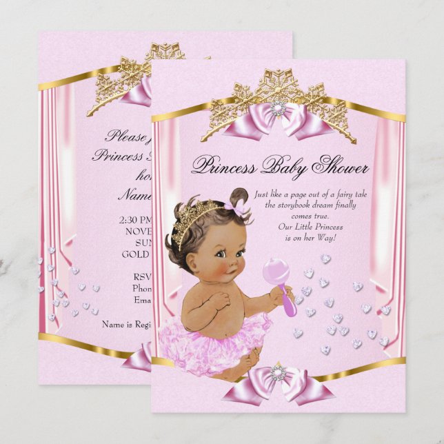 Convites Linda Princesa Chás de Bebê Rosa Dourado Morena (Frente/Verso)