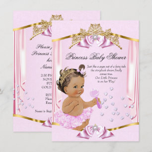 Convites Linda Princesa Chás de Bebê Rosa Dourado Morena