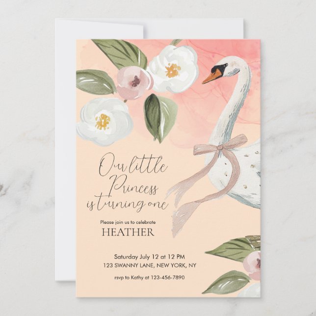 Convites Linda Princesa Cisne Encantada Primeiro Aniversári (Frente)