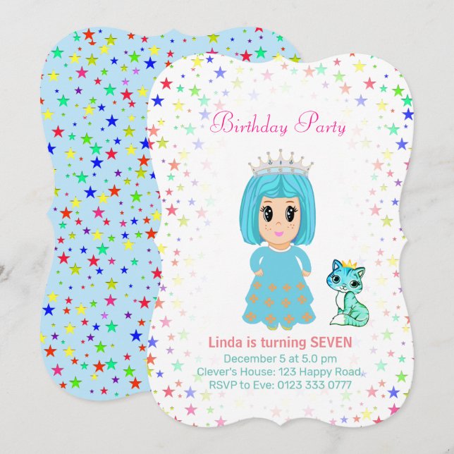 Convites Linda Princesa com Gatinho no 7º Aniversário (Frente/Verso)