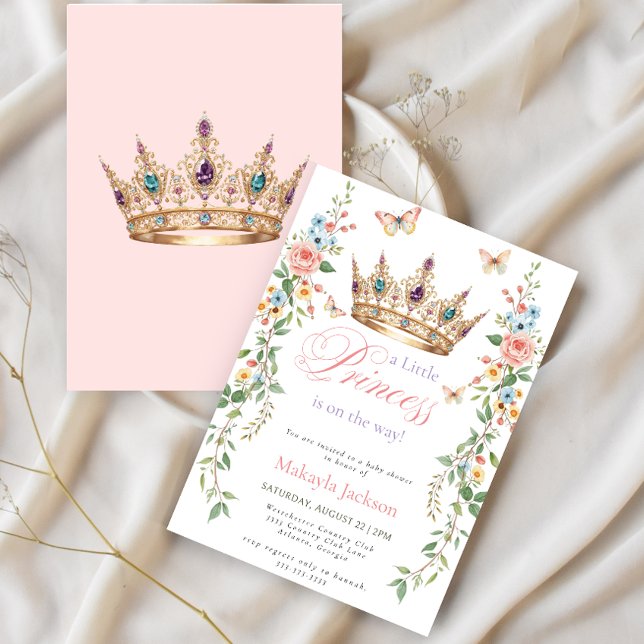 Convites Linda Princesa Coroa Dourada Rosa Floral Chás de B (Criador carregado)