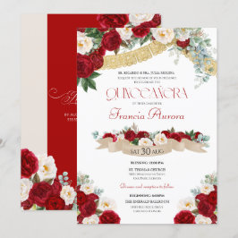 Convites Linda Quinceanera Vermelha e Branca de Blooms Flor