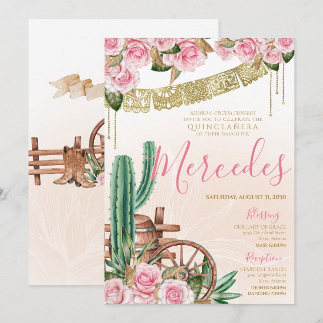 Convites Linda Rosa de Cactus Western Charro Quinceanera (Frente/Verso)