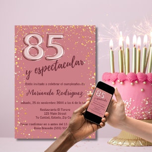 Convites Linda Rosa Dourado Aniversário de 85 anos Espanhol