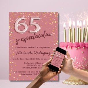 Convites Linda Rosa Dourado Chic 65º Aniversário Espanhol