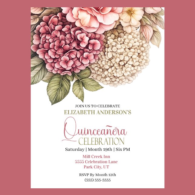 Convites Linda Rosa Hydrangea Quiceanera Aniversário (Pretty Hydrangea and Rose Quinceanera Invitation)