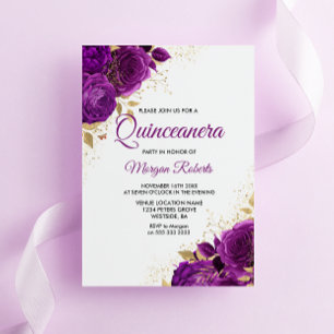 Convites Linda Rosa Roxa Dourada Leaf Quinceanera