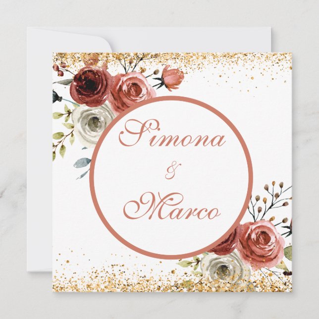 Convites Linda Watercolor Casamento Dourado Quadrado Pinkis (Frente)