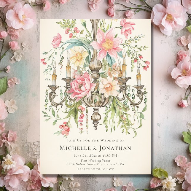 Convites Linda Watercolor Floral Chandelier Wedes (Front - Beautiful Watercolor Floral Chandelier Wedding Invitation)